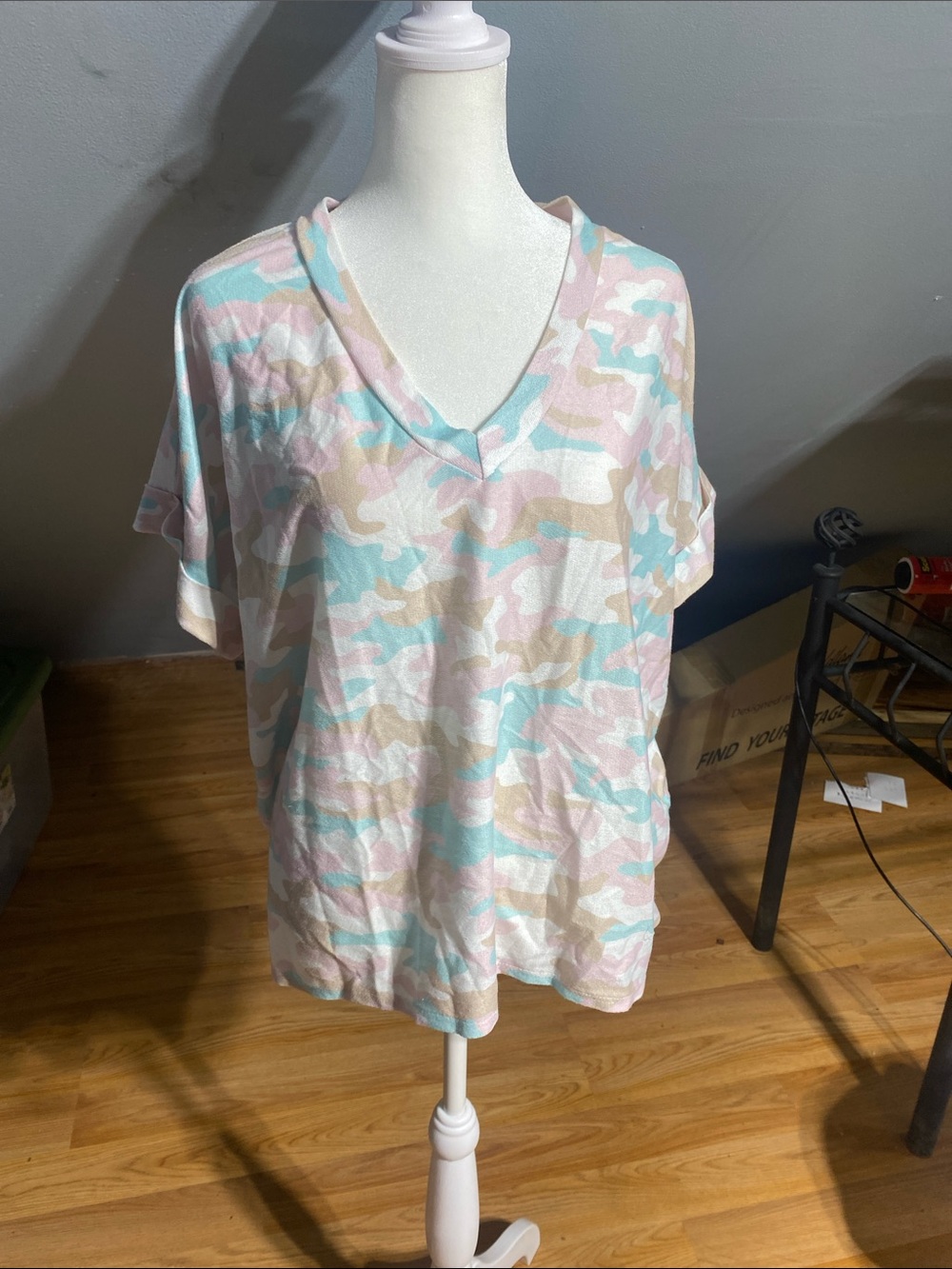 Pink Lily Pastel Camo Scoop Neck Top - Mint, Blush, Cream